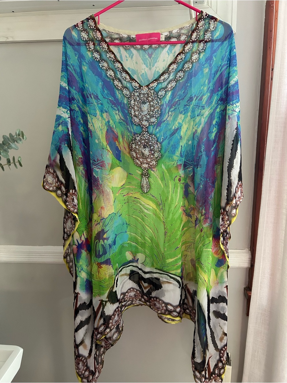 Pookie & Sebastian Embellished V-Neck Printed Tunic Top in Blue-Green